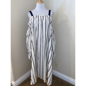 TOV Dress Off Shoulder Puff Sleeve Striped Lagenlook Cotton/Viscose Size 42 (L)